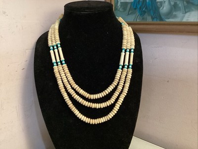 Vintage Handmade Native American Sterling With Turquoise 3 Strand Bone Necklace