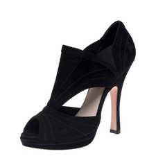 Prada Black Suede Cutout Peep Toe Booties Size 37.5