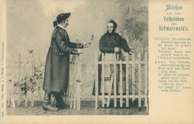 Ansichtskarte Volksleben Schwarzwald Frieder Amei vor Gartenzaun  (Nr.9214)