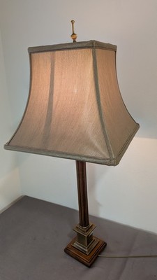 Große Messing & Massivholz Vintage Mid Century Säulenlampe Tischlampe 34'' hoch