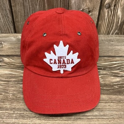 Roots Canada Adj. Strapback Baseball Hat Cap Maple Leaf Retro Patch Red White