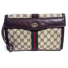 GUCCI Vintage Sherry Line GG PVC Clutch Bag Brown Leather Wristlet Authentic