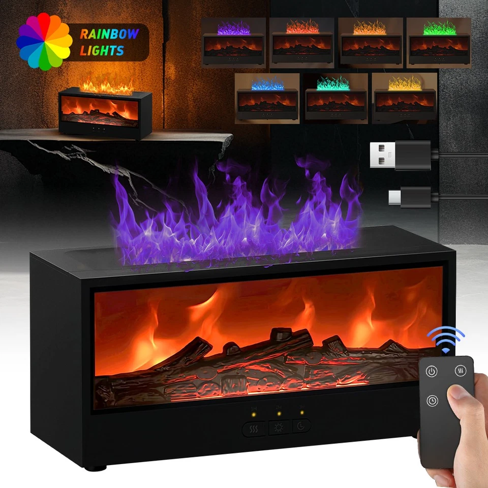 Flame Fireplace Humidifier, 7 Colors Light Aromatherapy Essential Oil Diffuser - Image 2 of 4