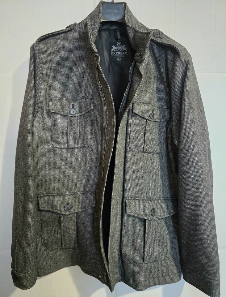 Express 4-Pocket Gray Wool-Blend Tweed Winter Coat | Men's XL - Image 2 of 4