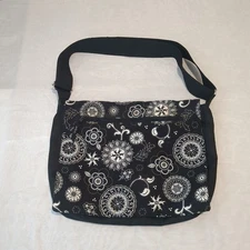 Thirty-One Messenger Travel Paisley Black White Floral Work Tote