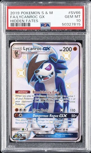 2019 POKEMON SUN & MOON HIDDEN FATES #SV66 FULL ART/LYCANROC GX PSA 10