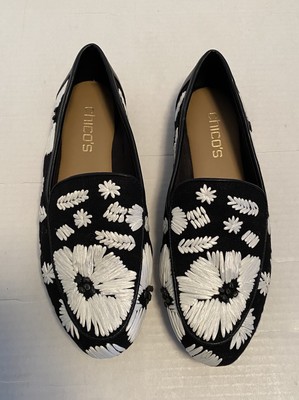 CHICO'S Black Floral Raffia Loafers Shoes In Black/white Size 7M $159 Orig
