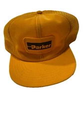 Vintage 80s Parker Yellow Trucker Hat Cap Flat Brim Mesh Back Snapback