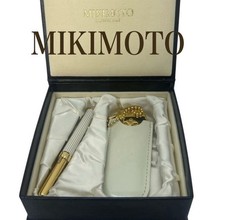 Vintage MIKIMOTO Pearl Lip Brush Compact Mirror Set Gold White Japan w/Box