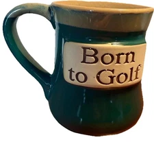 Tumbleweed Pottery Coffee Mug “Born to Golf” Green Tan Drip Glaze XL 18 oz.