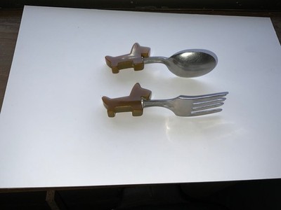 Vintage 1940's Bakelite Scottie Dog Fork & Spoon Set. Stainless Steel