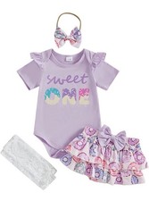 Sweet One Birthday Donut Theme 1st Birthday Girl Outfit 4PCS, 6-12 Months