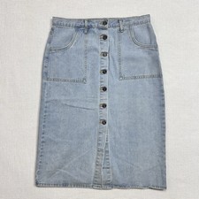 1970s Inspired Blue Denim Jean Skirt Button Accent