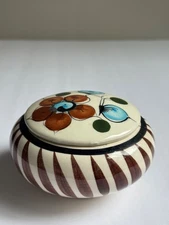 Vintage Mexican Pottery Lidded Jar Hand Painted Tonala Folk Art Floral Mexico