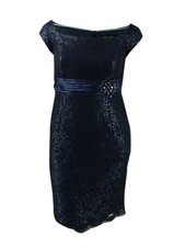 Alex Evenings Women's Petite Sequined Off-The-Shoulder Dress (8P, Navy)
