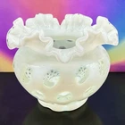 Fenton French White Opalescent Art Glass Coin Dot Rose Bowl Vase Ruffled As Is