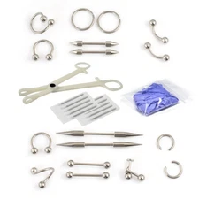 30 Pcs Eyebrow Piercing Kit- Horseshoe, Forceps, Labrets and Needles