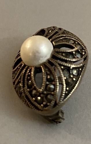Spilla JC in argento sterling 925 con perle marcasite spilla 7,29 g - Foto 4 di 8