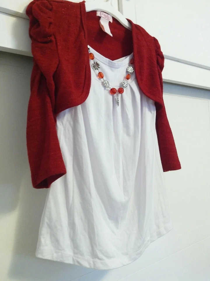 Candie's Girls Red Open Front knit Cardigan with Necklace & White Shirt set Sz L - Image 2 of 4