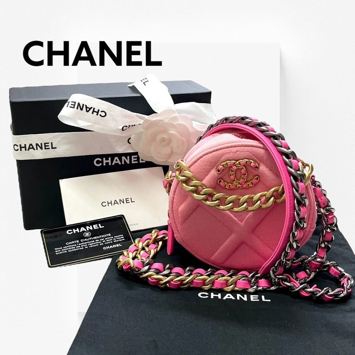 CHANEL 19 Coco Mark Matelasse Round Pink Chain Shoulder Clutch Bag