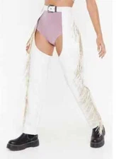 Women's Western White Leather Fringe Chaps Rodeo Cowgirl Festival Pants Gift