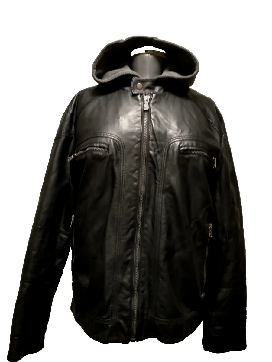 Calvin Klein Men Black Faux Lamb Leather Zip Out Cotton Blend Hood