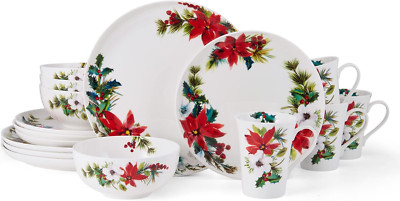 Hope Joy Holiday Poinsettia Bone China Lightweight Chip Resistant 16 Piece Dinne