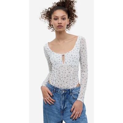 H&M Divided Mesh Thong Bodysuit (Size XL) Cream Ditsy Floral
