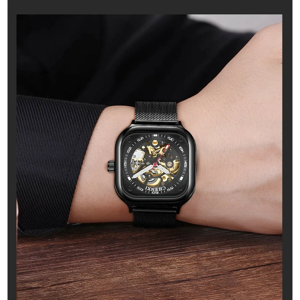 CHENXI Hombres Moda Malla Banda Hueca Mecánica Automática Negocios Relojes de Pulsera Foto 2 de 4