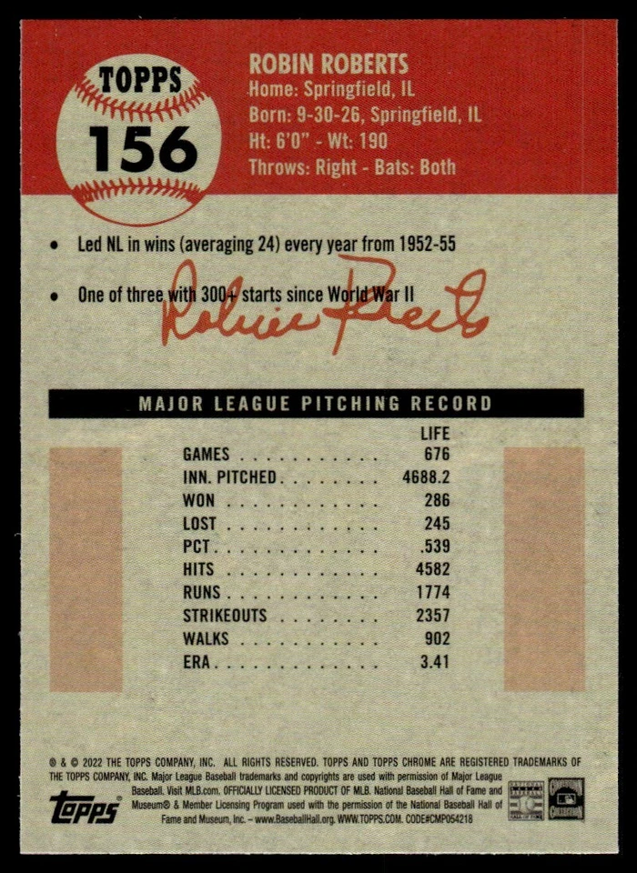 2022 TOPPS CHROME PLATINUM BLACK AND WHITE Robin Roberts Philadelphia Phillies - Image 2 of 2