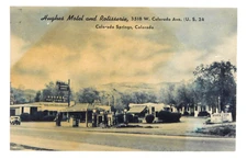 Postcard Colorado Springs CO Ave Hughes Motel Rotisserie Standard Oil Gas US 24