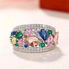 925 Sterling Silver Multicolor Sapphire Topaz Wedding Engagement Ring Size 9