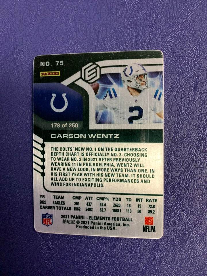 2021 Elements #75 Carson Wentz Gold Parallel Metal Card SP /250 Colts - Image 2 of 2