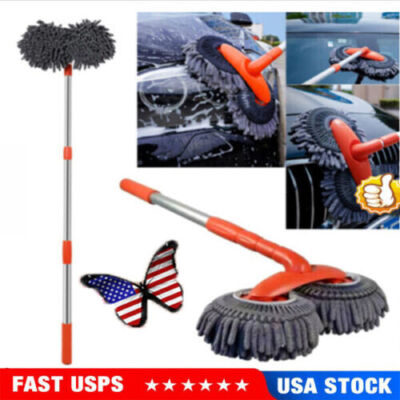 360° Rotation Head Retractable Double Layer Car Wash Brush with Long Handle New