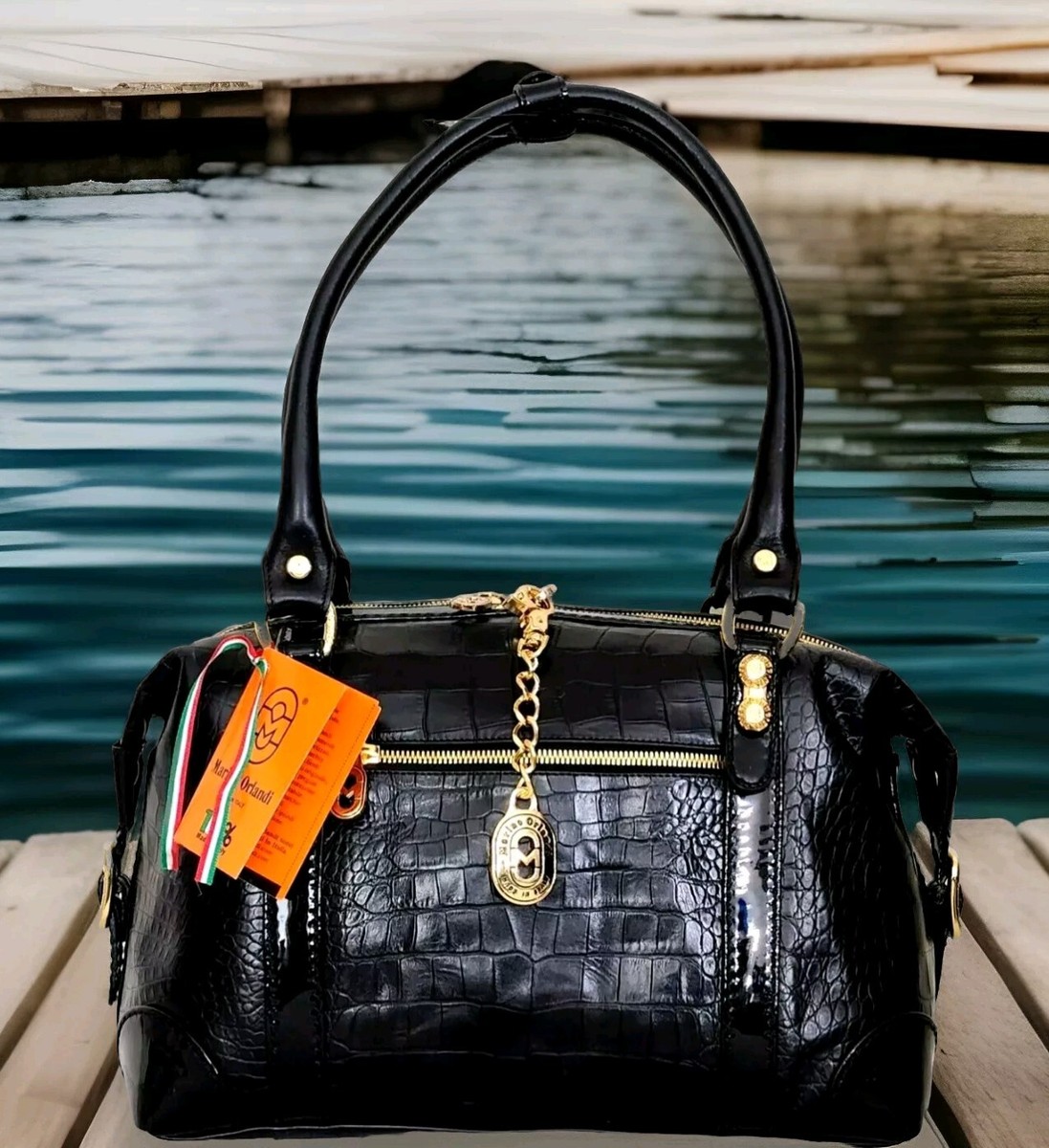 🌞MARINO ORLANDI ITALIAN DESIGNER CROC EMBOSSED BLACK LEATHER