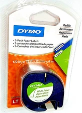 DYMO 10697 White Paper Label Tape Refills LetraTag LT Paper 12mm x 4m Pack of 2
