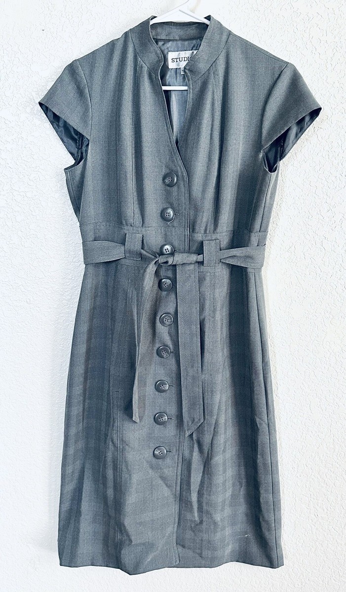 grey cap sleeve dress Vintage Style Gray Cap Sleeve Fully Lined Button-Down Dress Size 8
