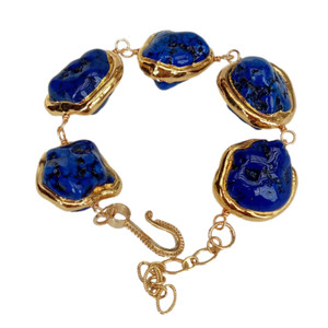 Authentic Deep Blue Turquoise Freeform Shaped With Gold Plated Bezel Beaded Bracelet