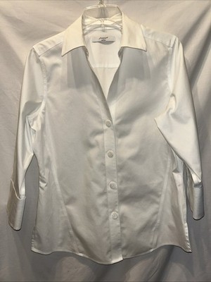 Foxcroft Shirt Womens 10 White Non-Iron Cotton Button Up 3/4 Sleeve