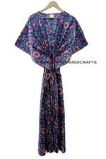 Women Cotton Hippie Sleepwear Blue Beach Cover Summer Floral Print Caftan Dress