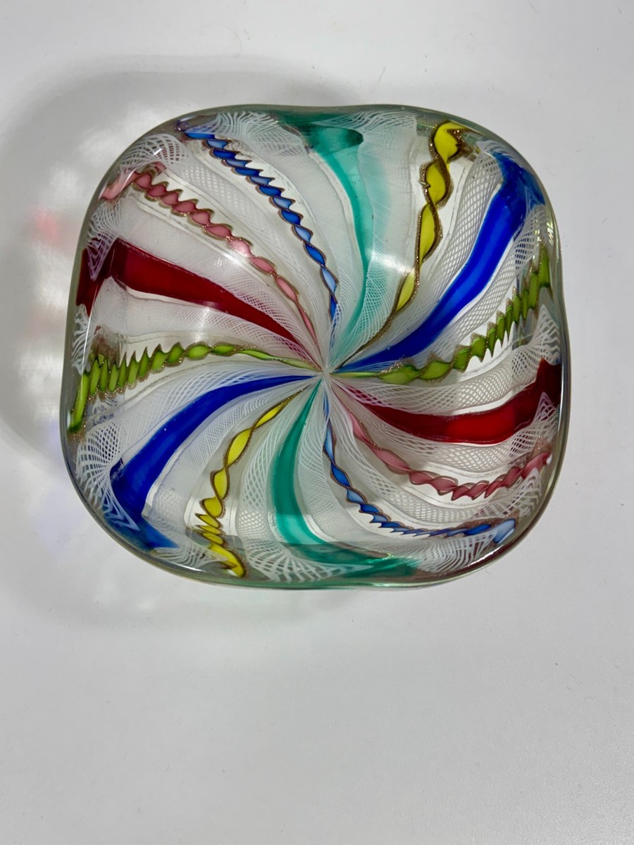 Murano Zanfirico Latticino Aventurine Spiral Art Glass Bowl