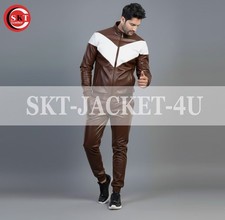 Men's Lambskin Leather Track Suit Sweatsuit Chocolate/White Jogging Tracksuit