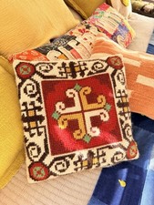 Vintage Hand Embroidered Needlepoint Pillow 15" Boho Folk Art Wool Southwest Red