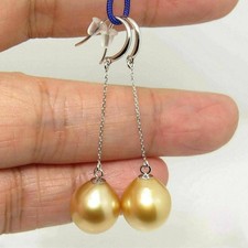 Genuine Golden South Sea Drop Pearls & Solid 14K Gold Dangle Hook Earrings #106E