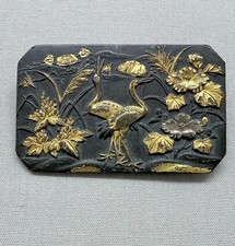Antique Shakudo Brooch Pin Cranes Mixed Metal...