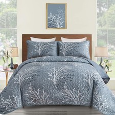 Quilt Set Queen Size Blue Branch Floral Quilt Bedding Set, 3 Pieces Tree Bota...