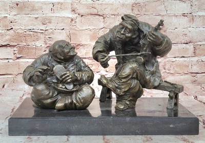Signed Original Milo Vintage Bronze Statue of Two Men Playing Music Decor Sale