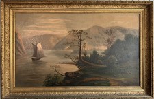 Hudson River School Original Painting Folk Art American Landscape Scene