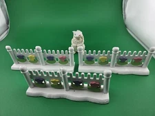 Vintage Resin White Bunny Rabbit Figurine + Painted Wood Dollhouse Spring Fence