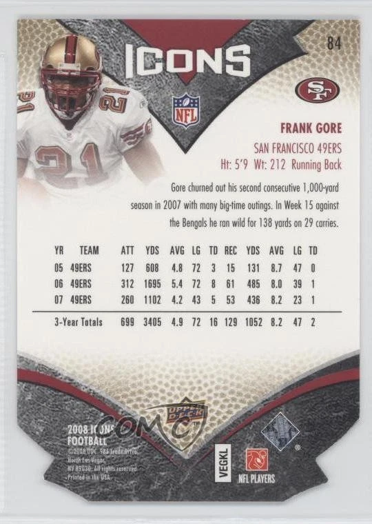 2008 Upper Deck Icons Silver Die-Cut /150 Frank Gore #84 - Image 2 of 2